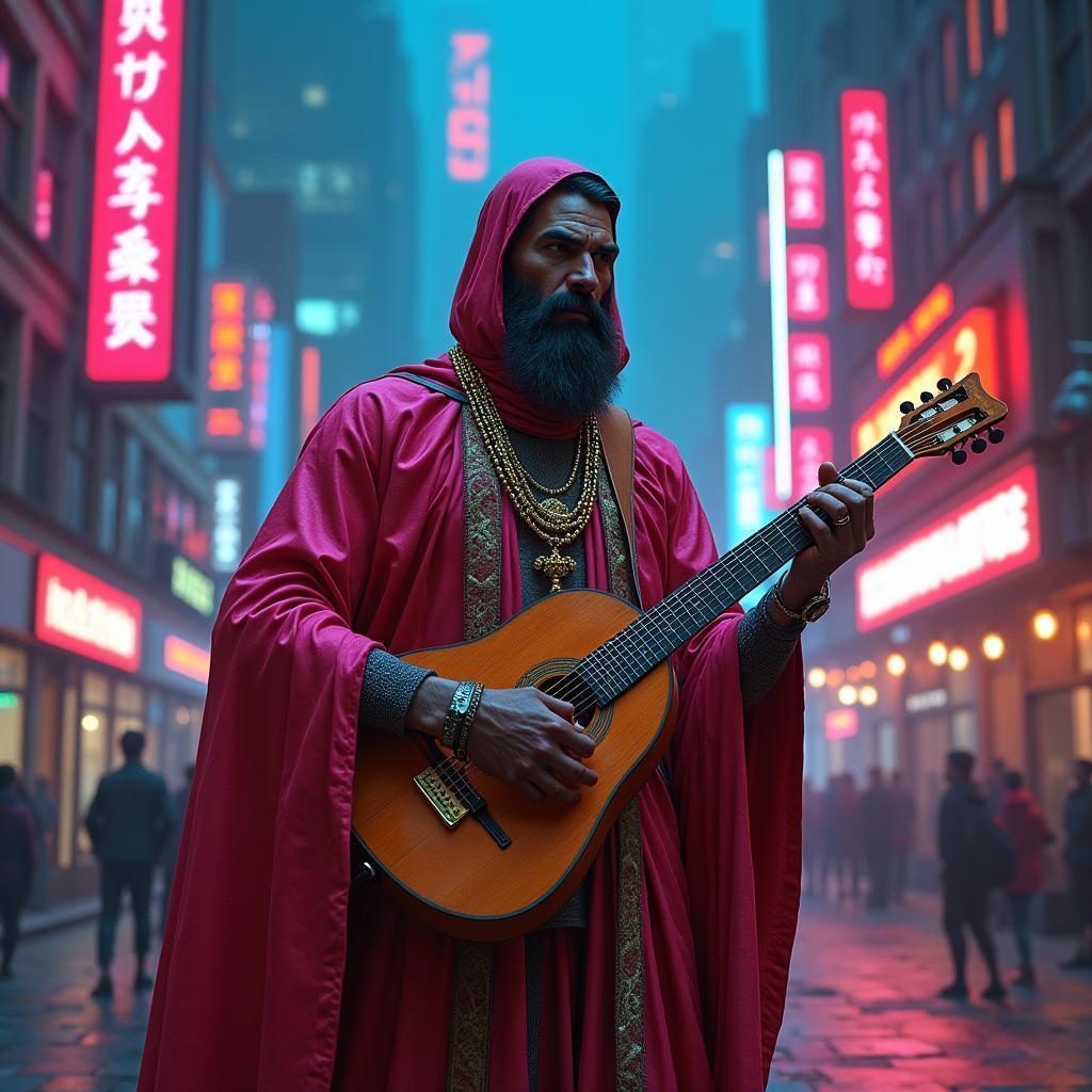 Lute Playing Medieval Diplomat in Neon Silk Robes