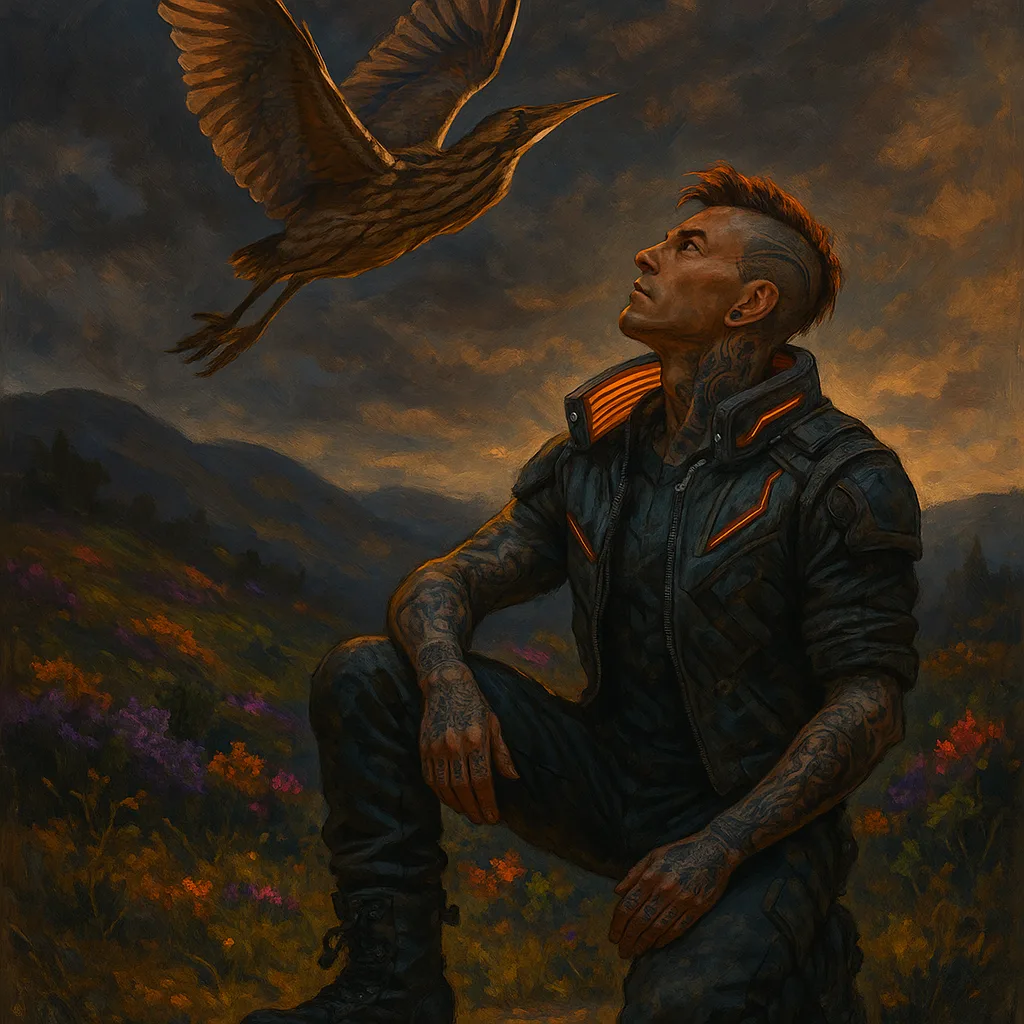 Tattooed Cyberpunk Hero in Heavy Boots Looks Skyward Hopefully