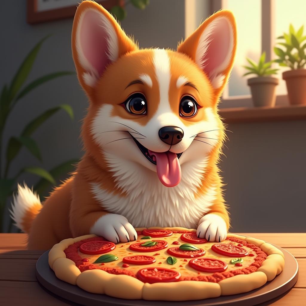 Glossy Digital Corgi Guarding a Fresh Pizza