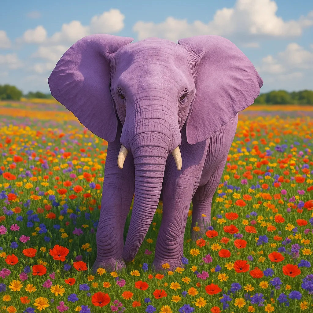 Pastel Purple Elephant Positioned in a Colorful Field
