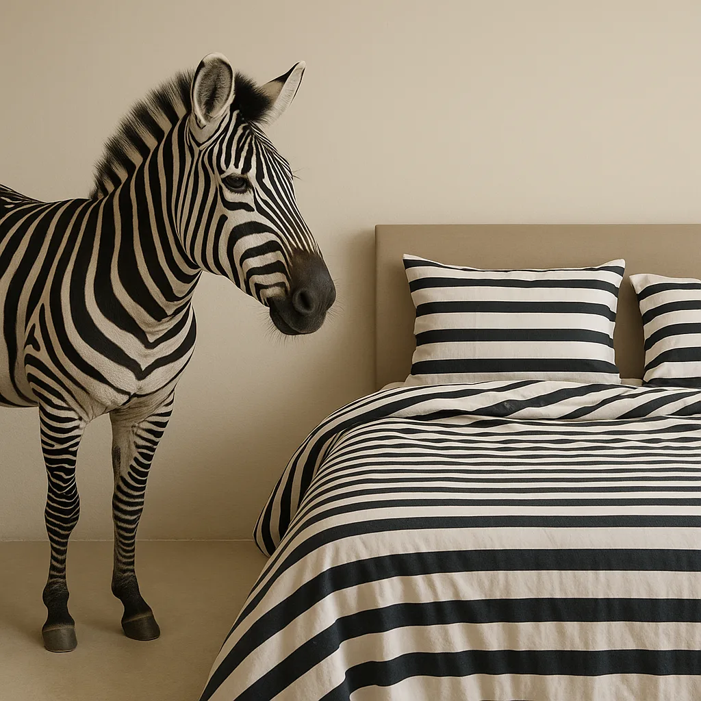 Zebra Positioned Next to a Bed That Has Sheets