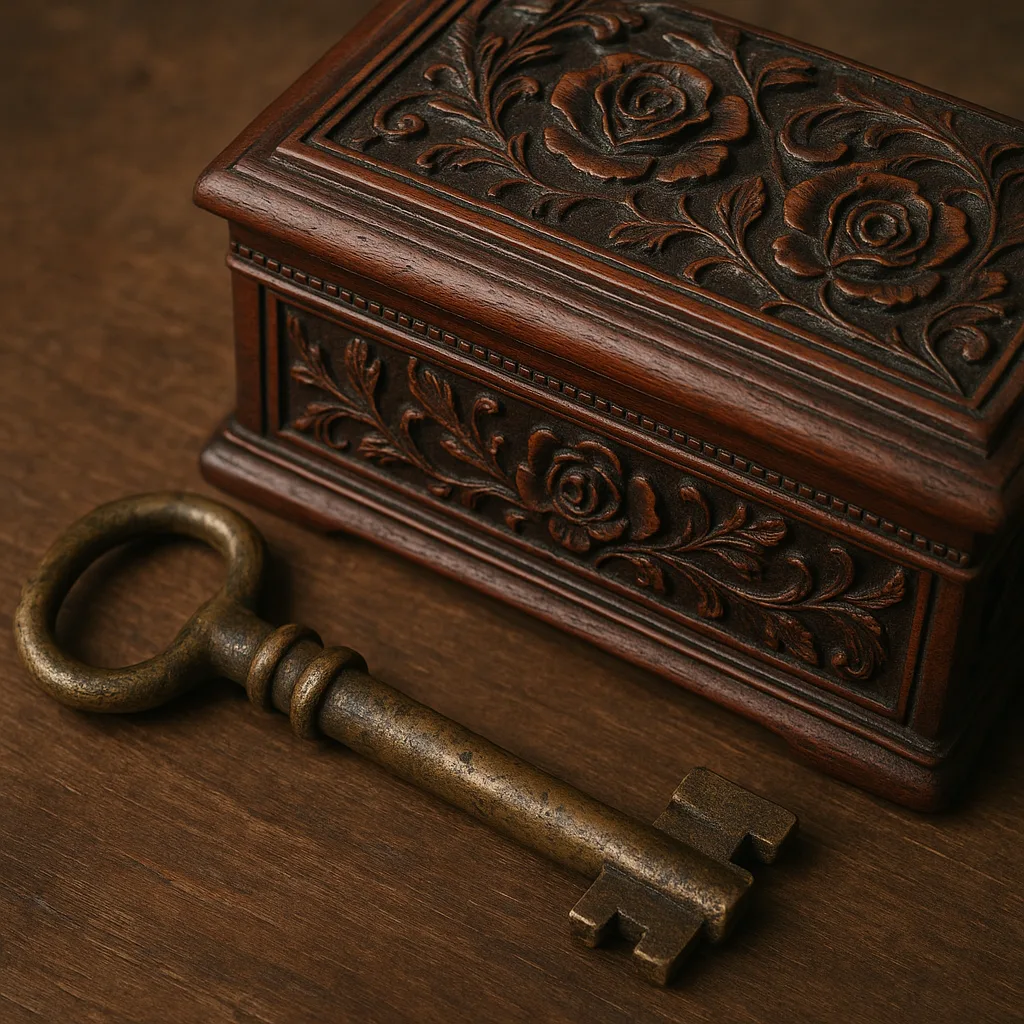 Weathered Brass Key Lying Next to a Mahogany Jewelry Box