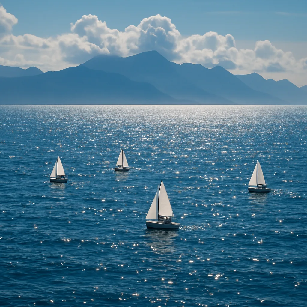 Several Tiny Sailboats Glide Across the Immense