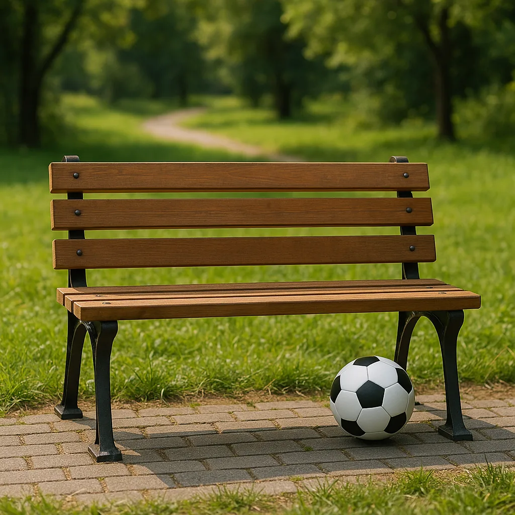 Wooden Park Bench with a Soccer Ball