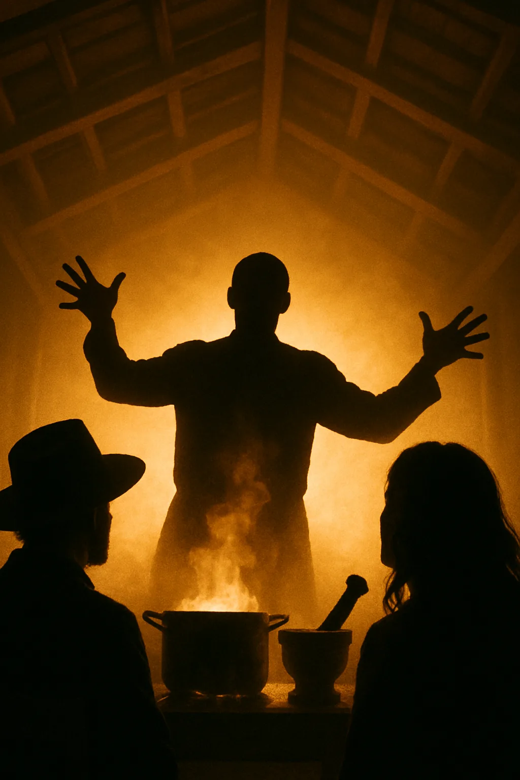 Orator's Silhouetted Gestures over a Gleaming Hot Pot