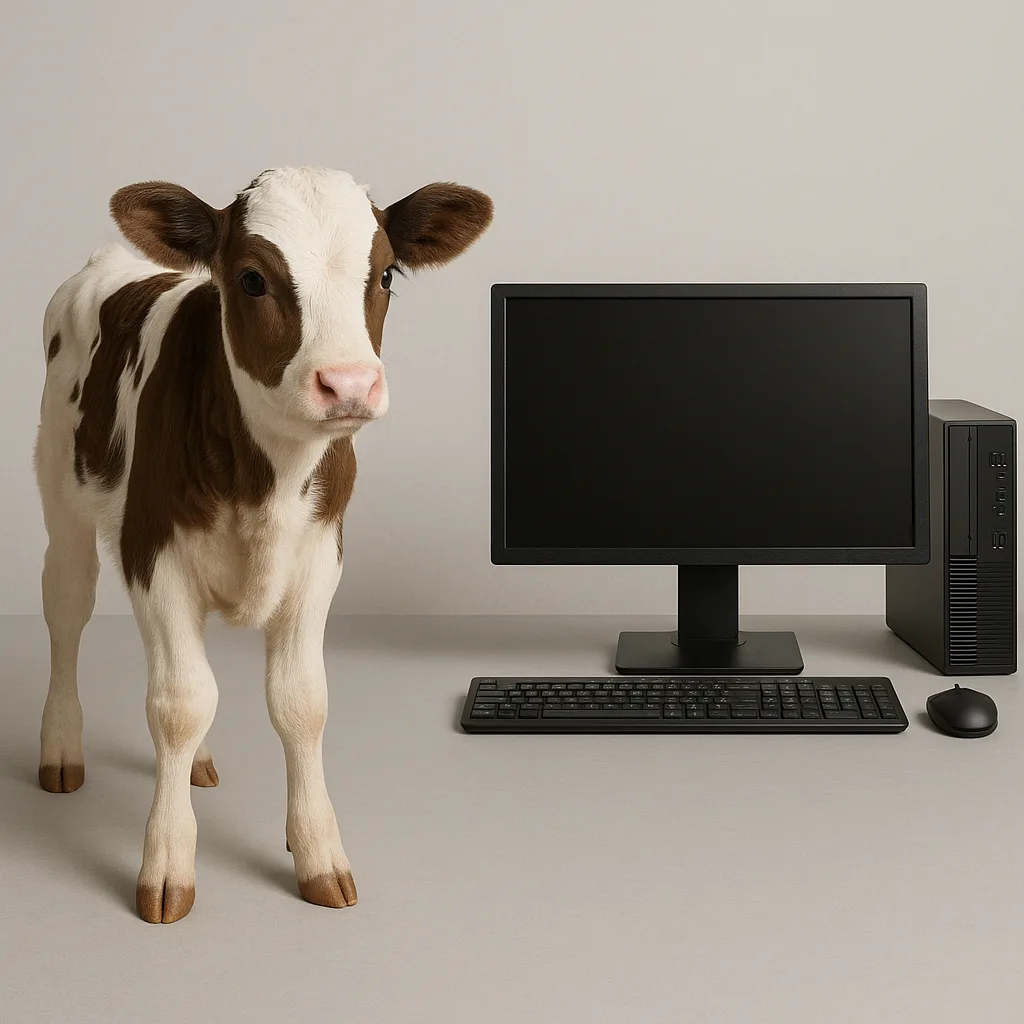 Young Cow Standing Next to a Table-mounted Computer