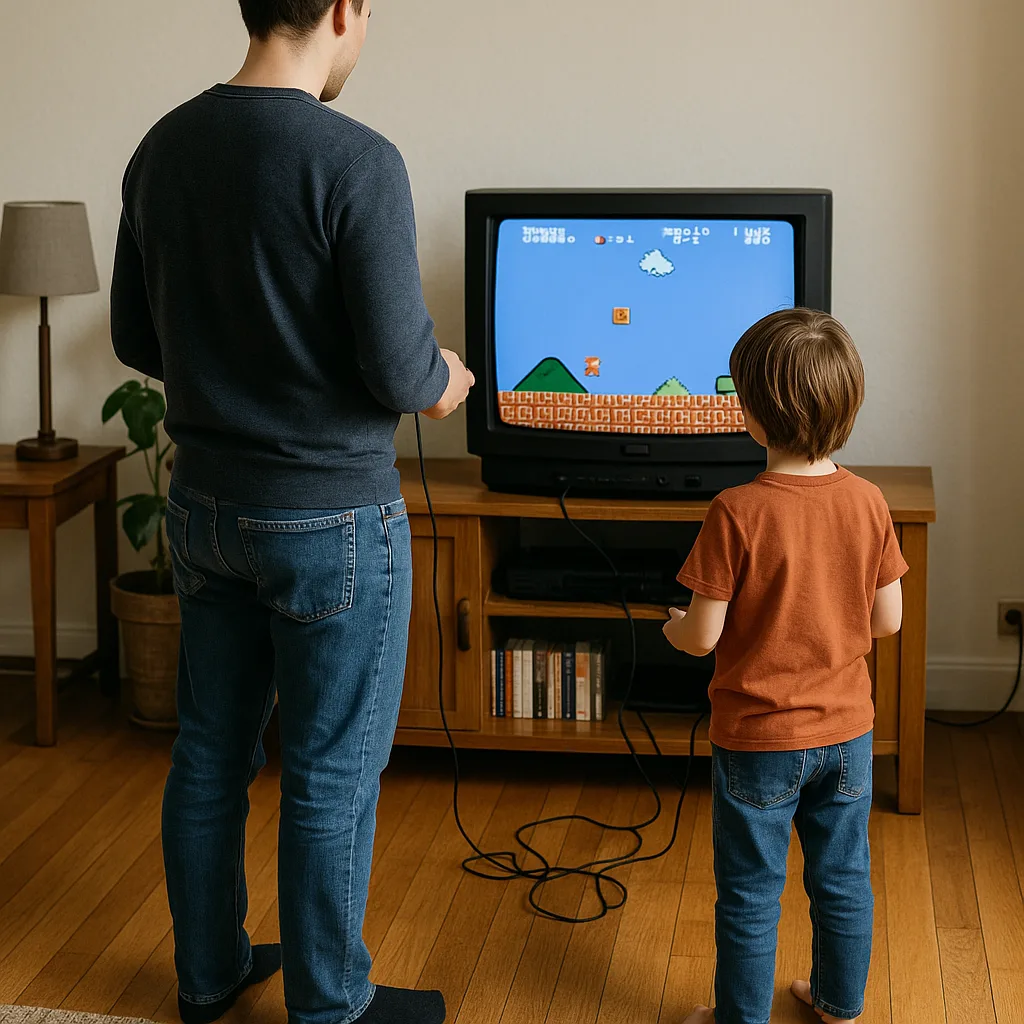 Person and a Child Standing in a Living Room