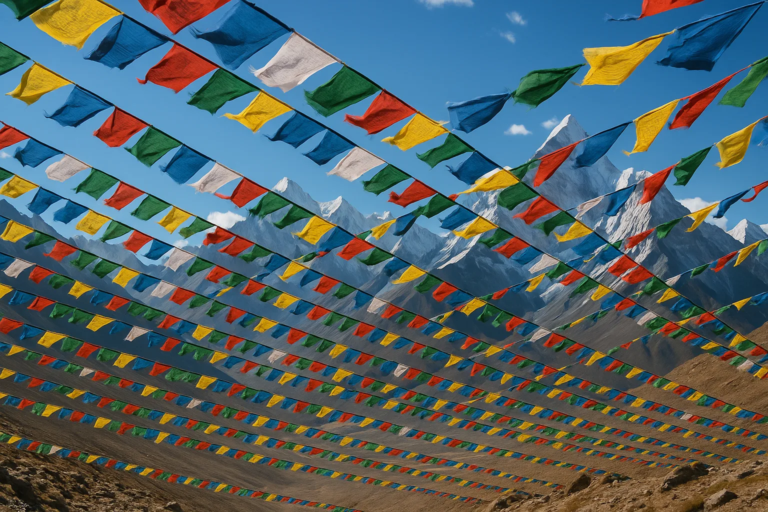 Myriad Colorful Prayer Flags Flutter Vigorously on Long Strings