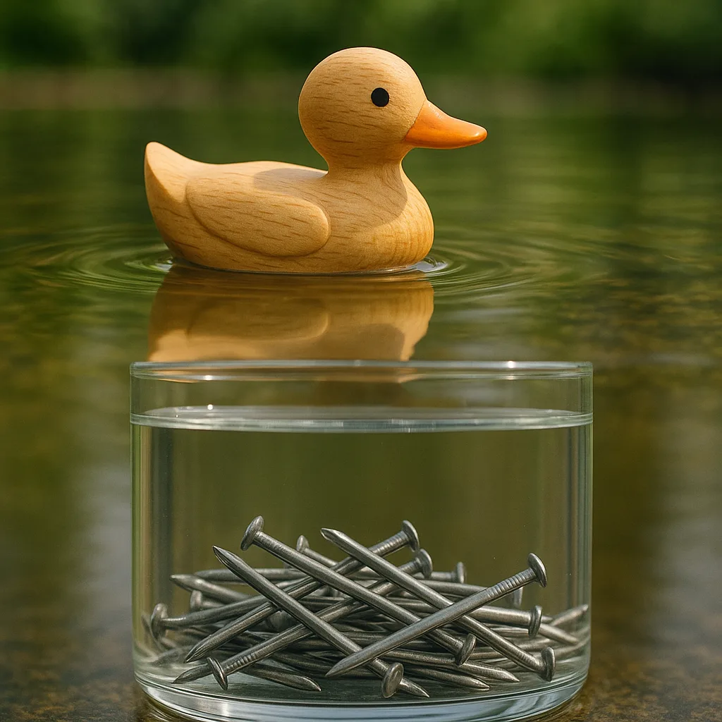 Wooden Toy Duck Floating on a Pond's Surface