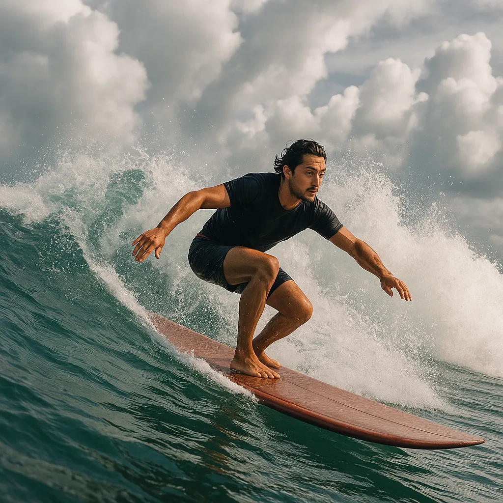 Surfer Riding a Wave on a Longboard with Water