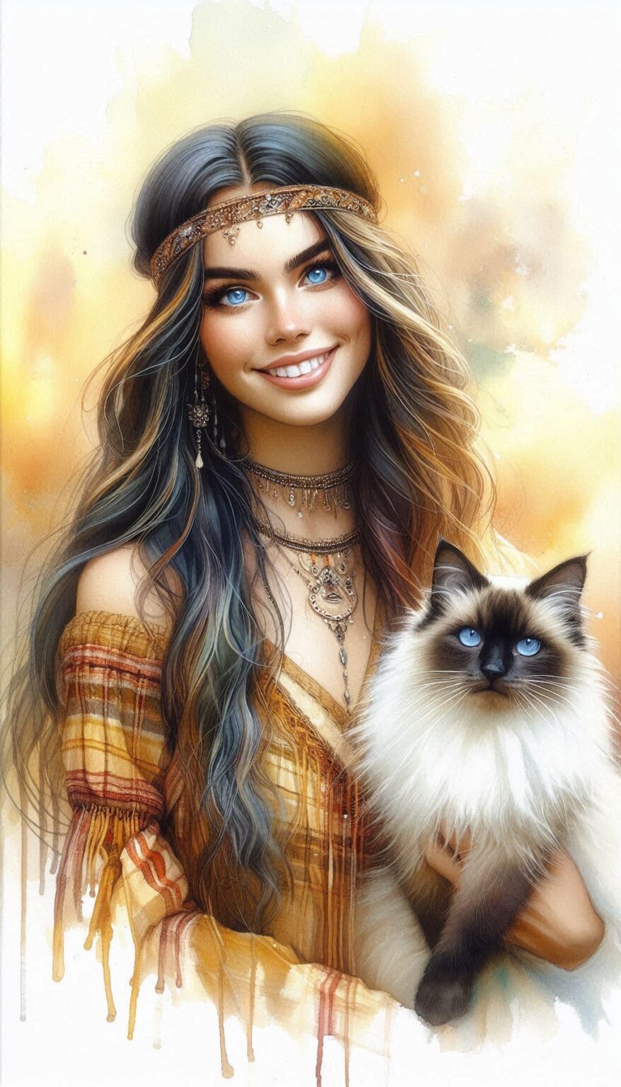 Smiling Girl with Siamese Cat Painting