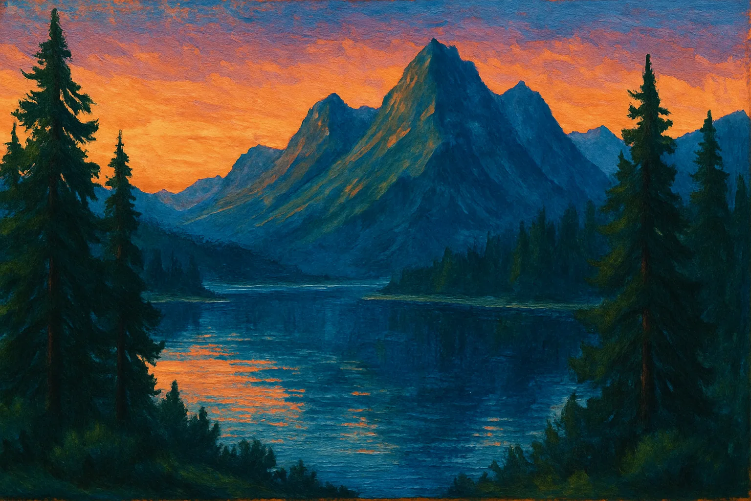 Painting Showcasing a Tranquil Mountain Scene