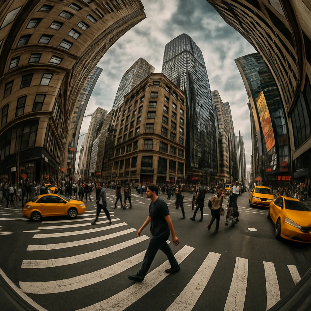 Distorted Fisheye Portrayal of a Lively City Crossroads