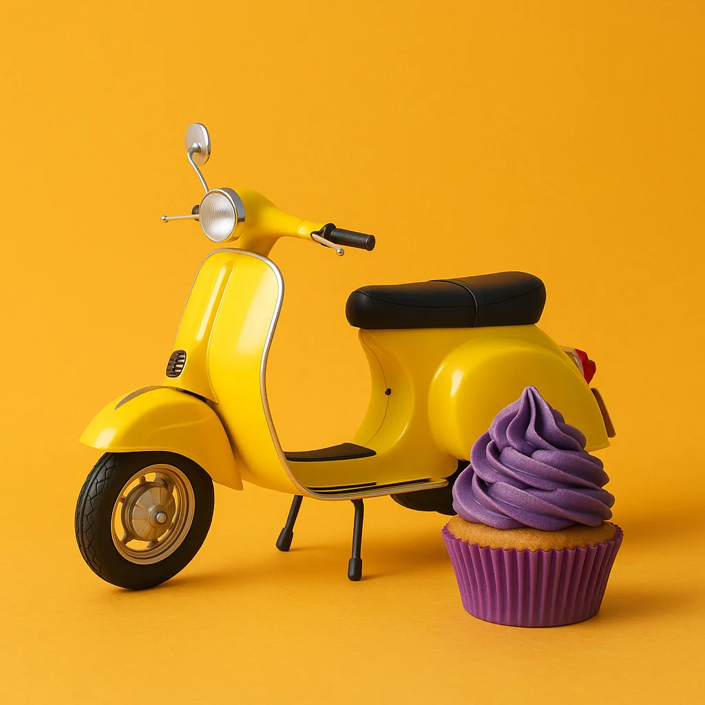 Purple Cupcake Positioned Beside a Yellow Scooter