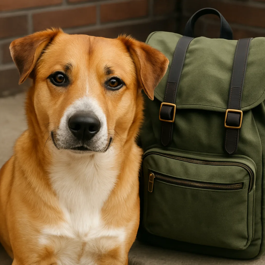 Detailed Photo Showing a Dog Beside a Green Backpack