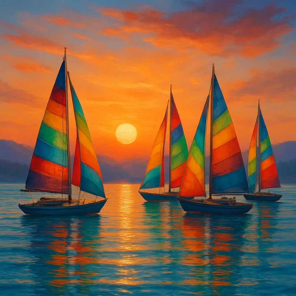 Four Colorful Sailboats Gracefully Drifting Across a Serene