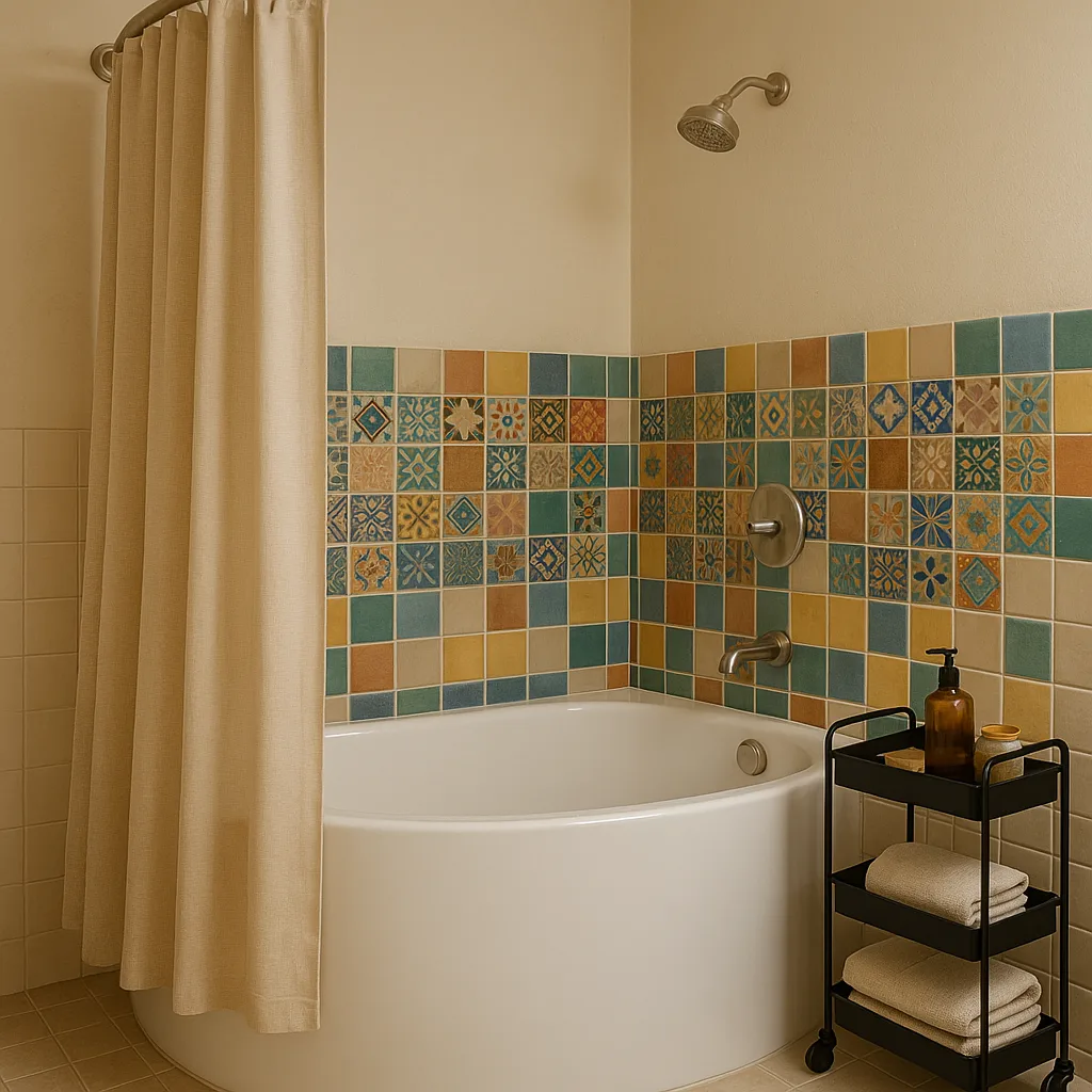 Bathroom with a Curved Bathtub Partially Covered by a Beige
