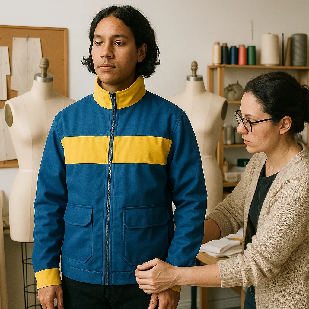 Person Wearing a Blue and Yellow Jacket Stands