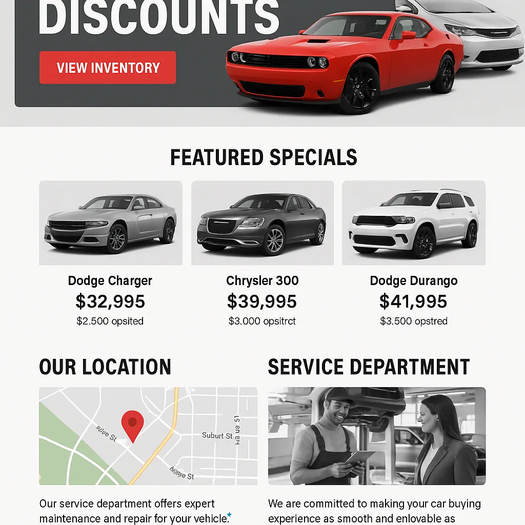 Car Dealership Webpage Showcasing Discounts on Dodge and Chrysler Vehicles