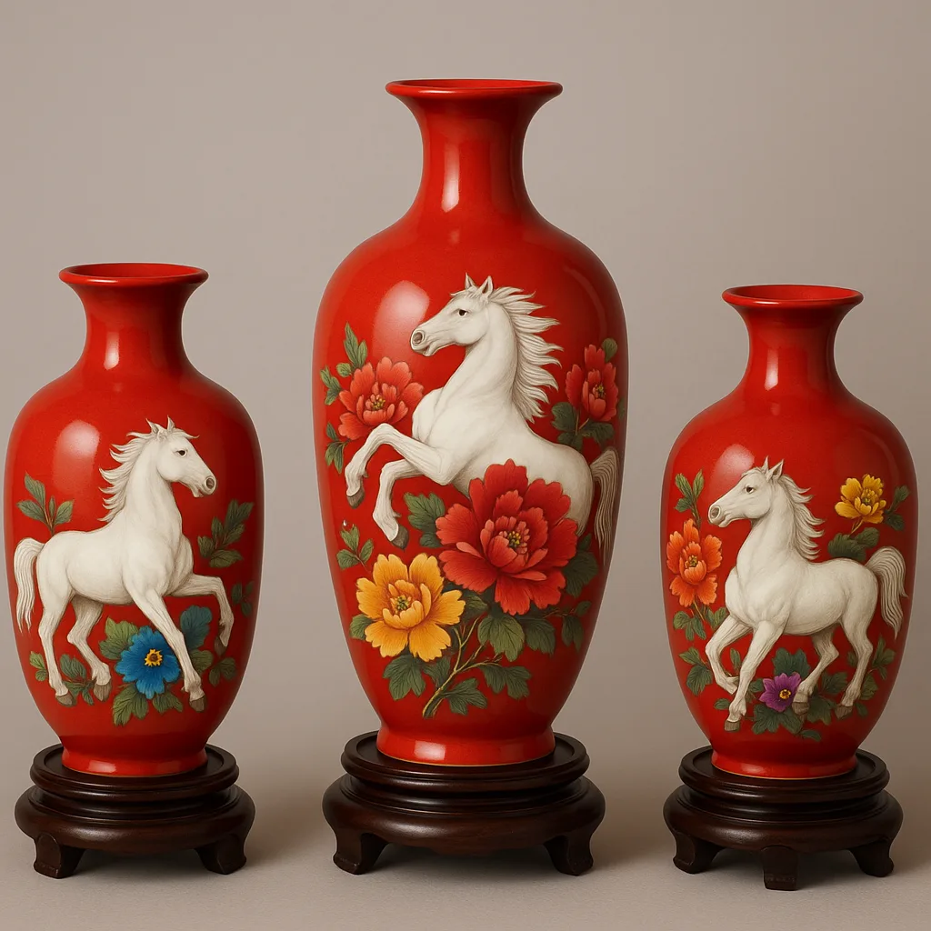 Three Ornamental Red Vases Featuring Painted Designs of White Horses