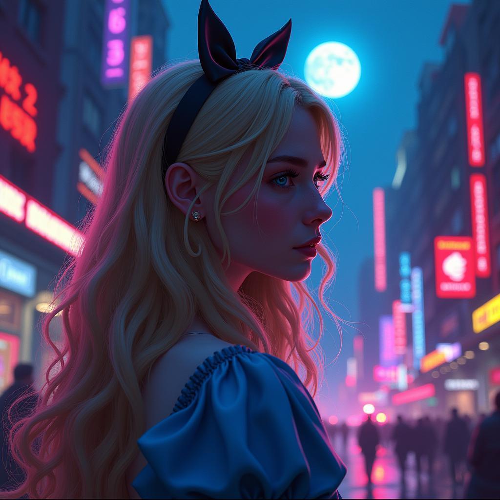 Neon Drenched Alice in a Moonlit Cyber City