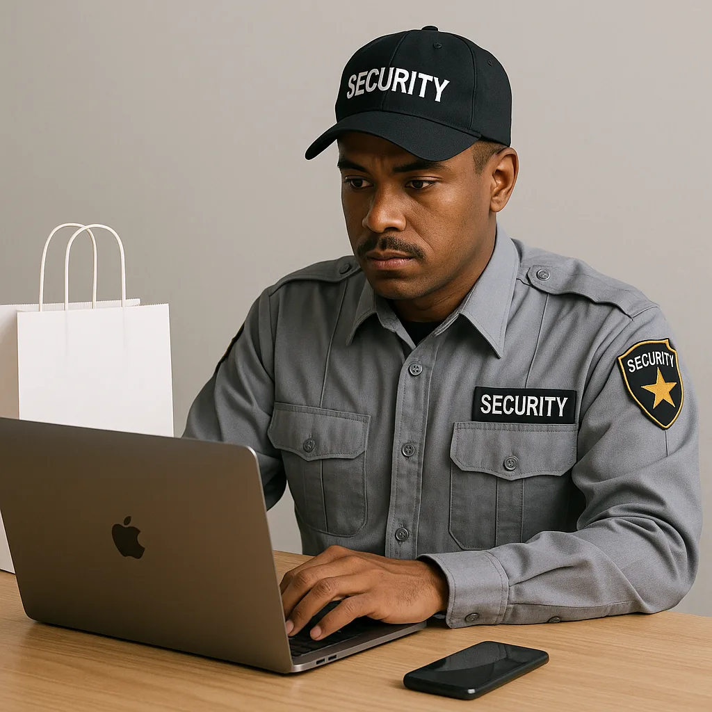 Security Guard in a Uniform Is Sitting at a Table
