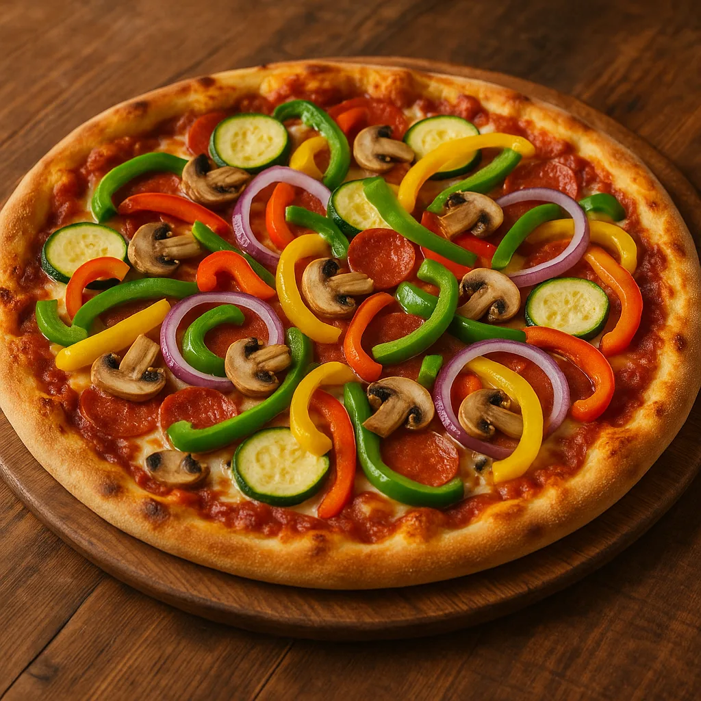 Vibrant Assortment of Vegetables and Flavorful Meat Covers a Pizza