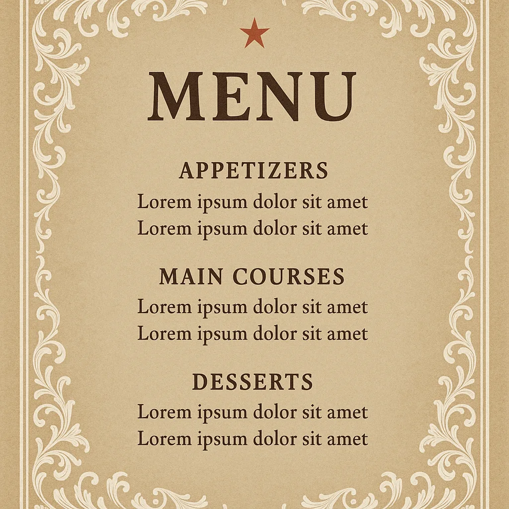 Vintage-style Menu Design Featuring Ornate White Floral Borders