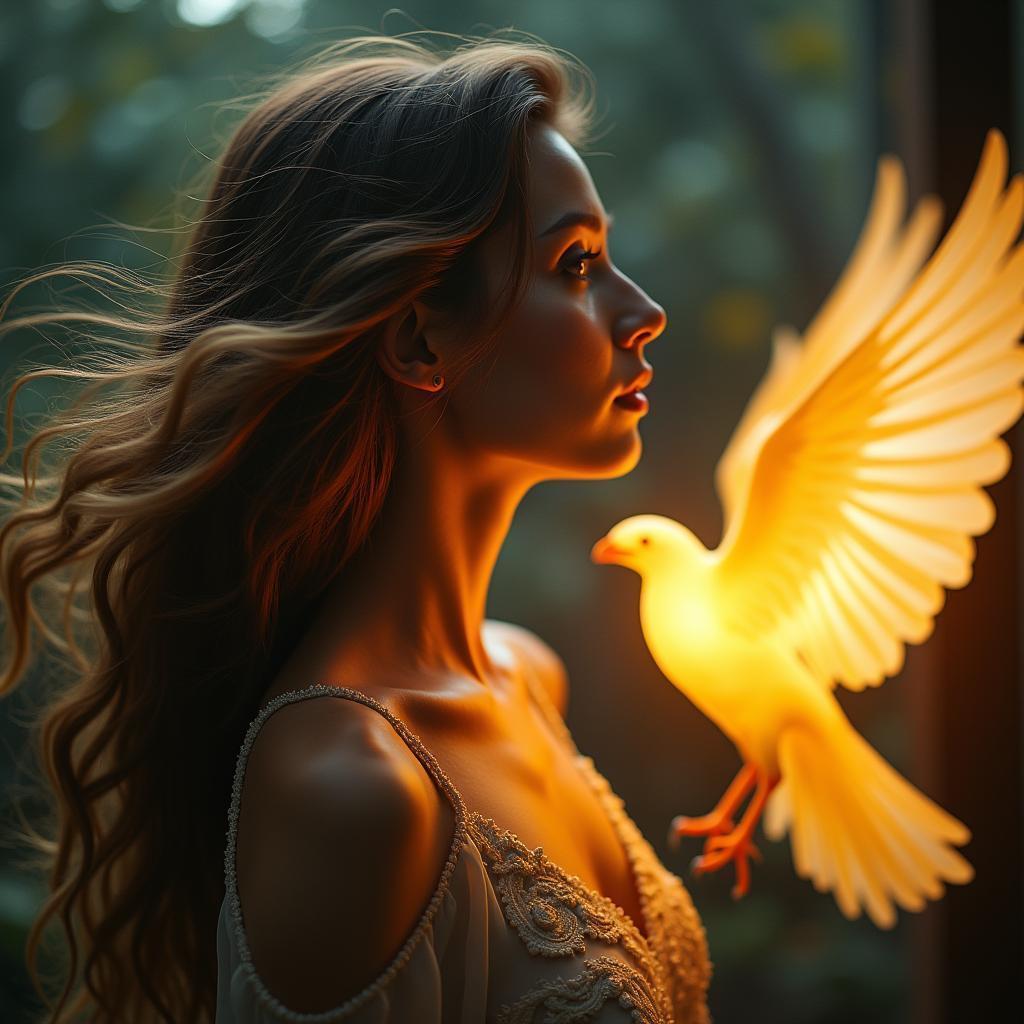 Flowing Haired Woman and Glowing Bird in Cinemascope