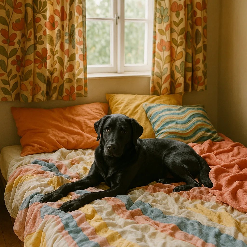 Black Dog Rests on a Colorful