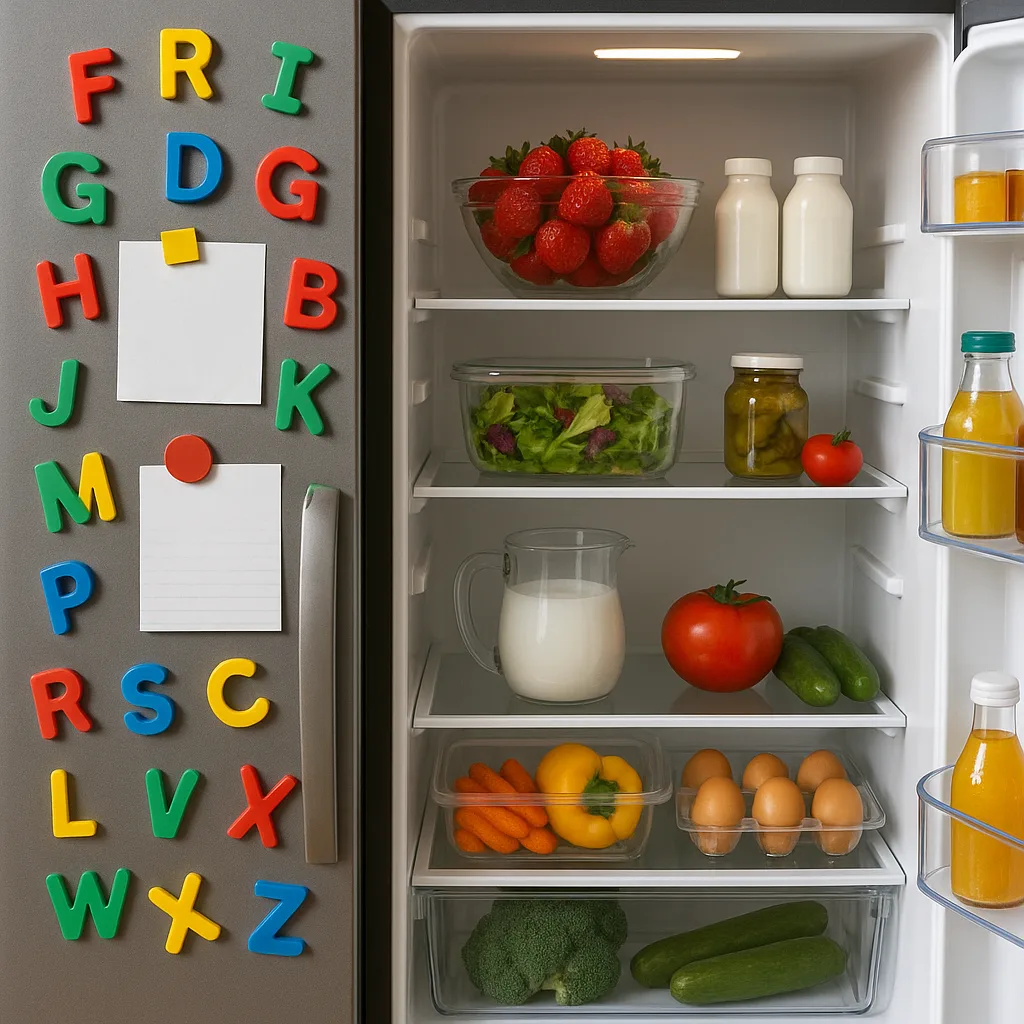 Refrigerator with Magnetic Letters and Papers on the Exterior