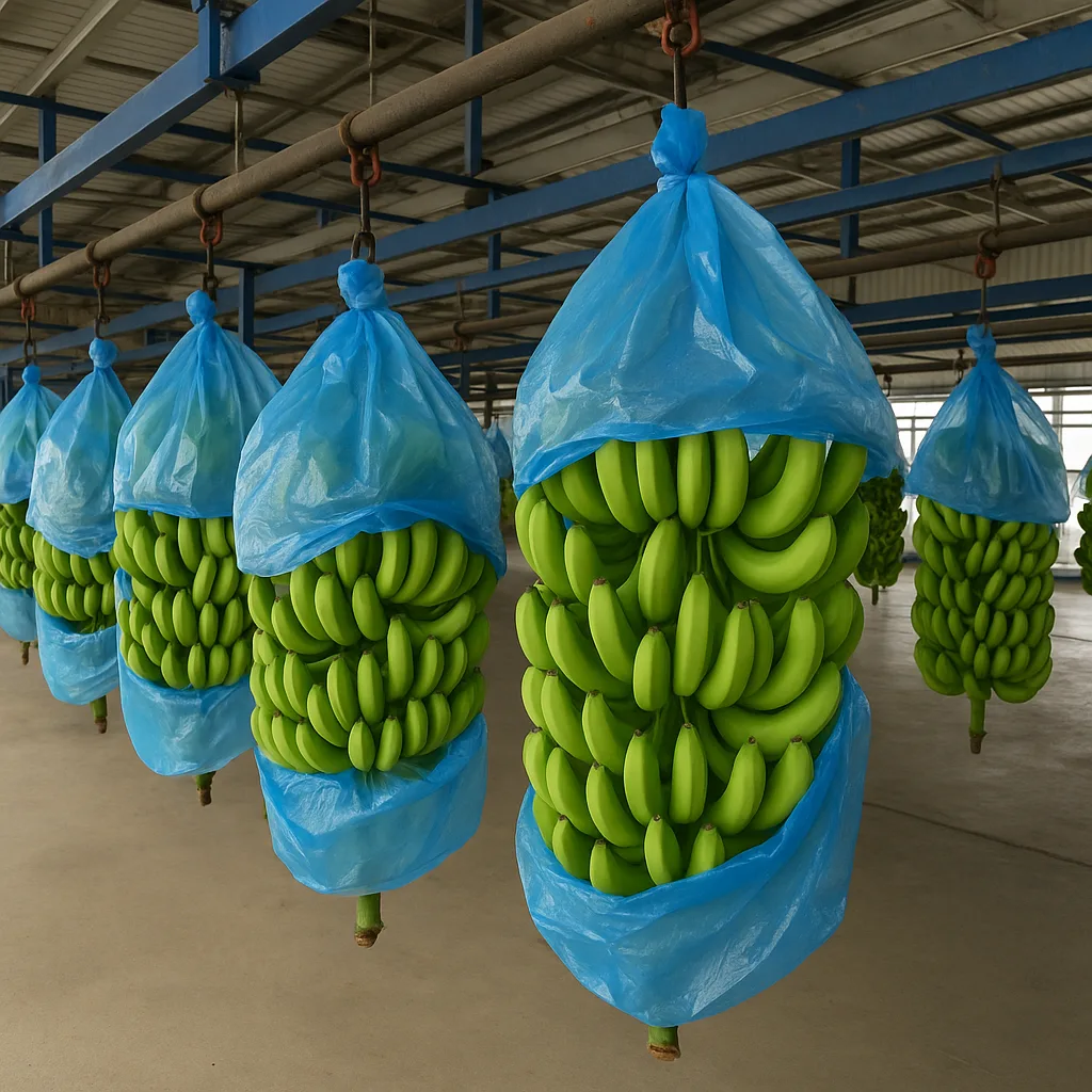 Green Bananas Hanging in Clusters