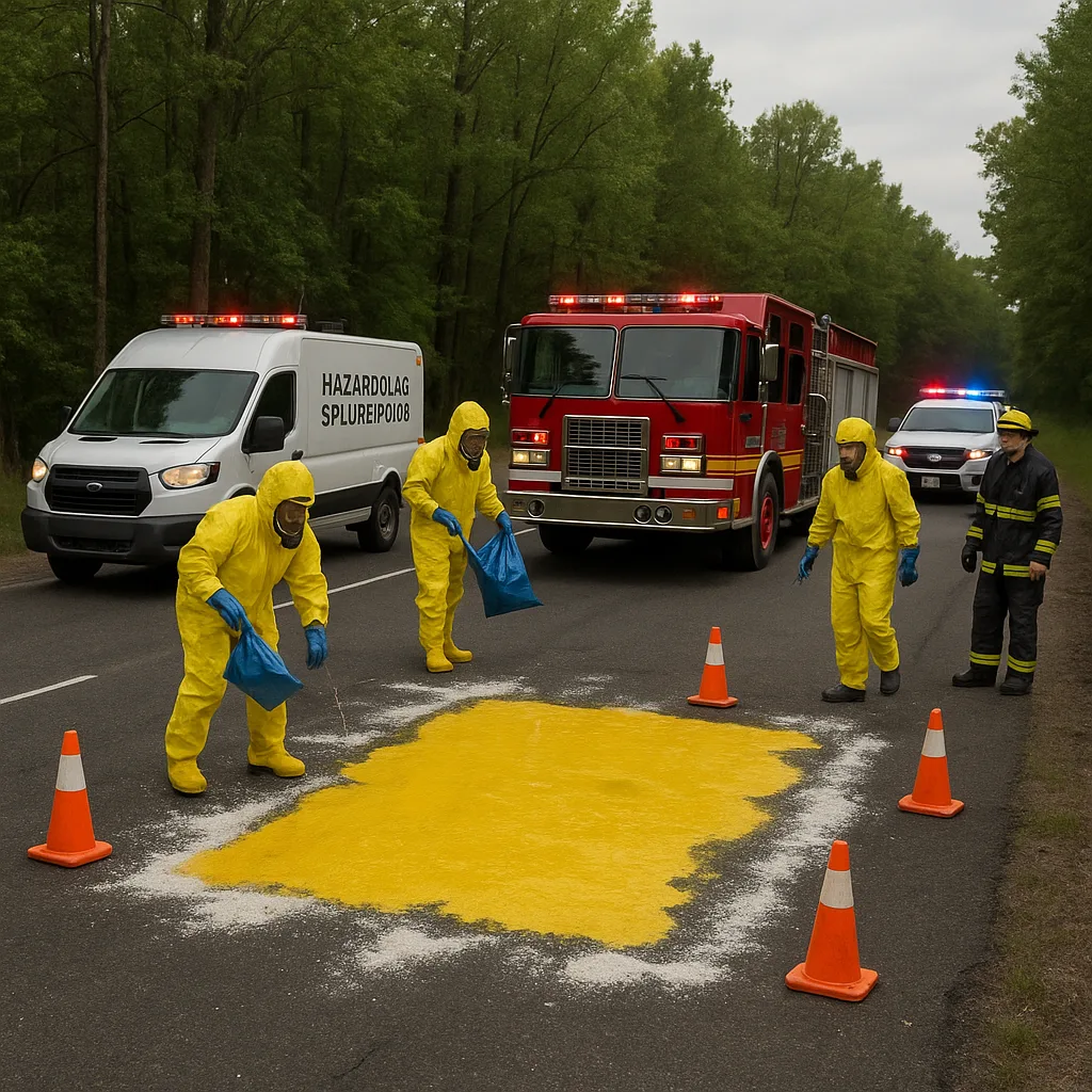 Roadside Scene Featuring Hazardous Spill Response and Emergency Vehicles