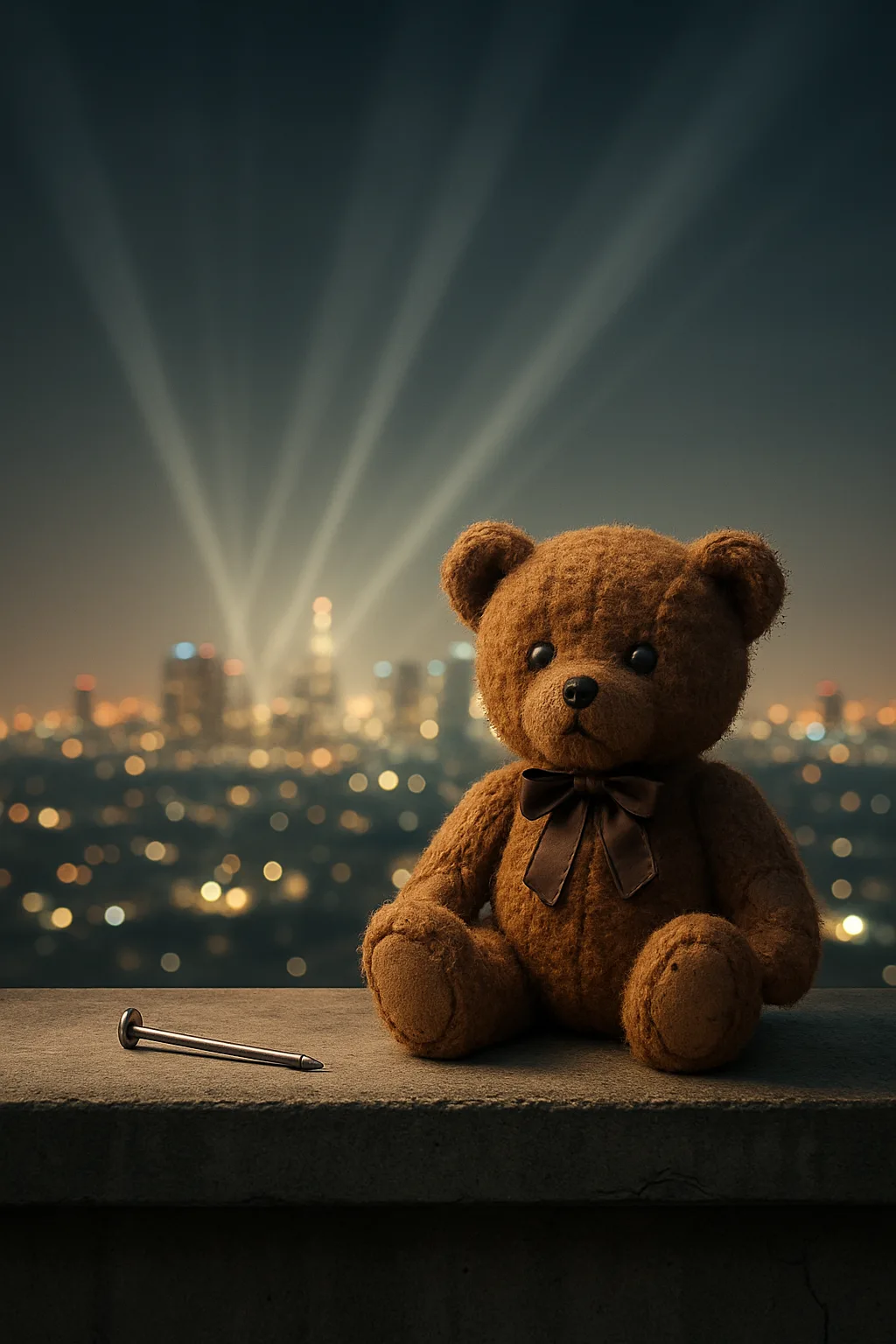 Panoramic Rooftop View Overlooking Illuminated City Lights Reveals a Poignant