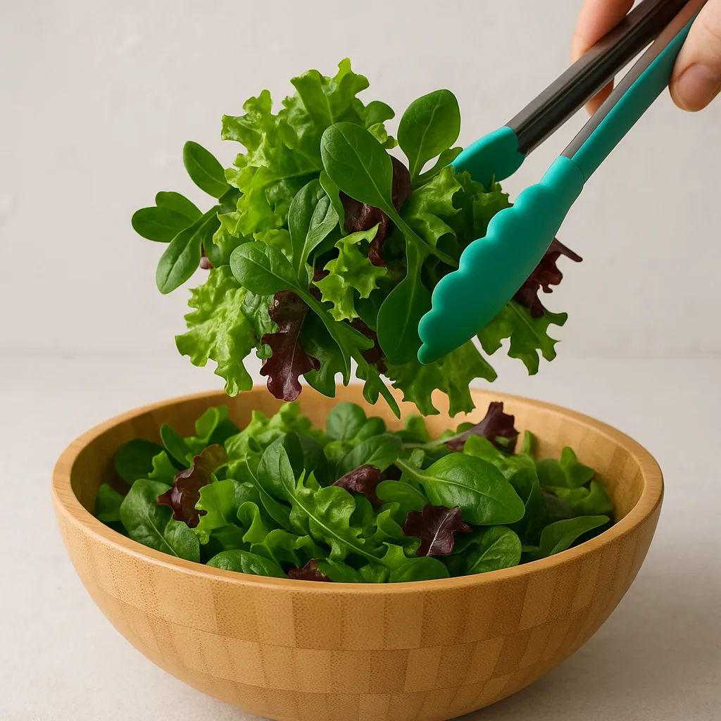 Airy Salad Is Mixed with Vibrant Greens Using Silicone Tongs
