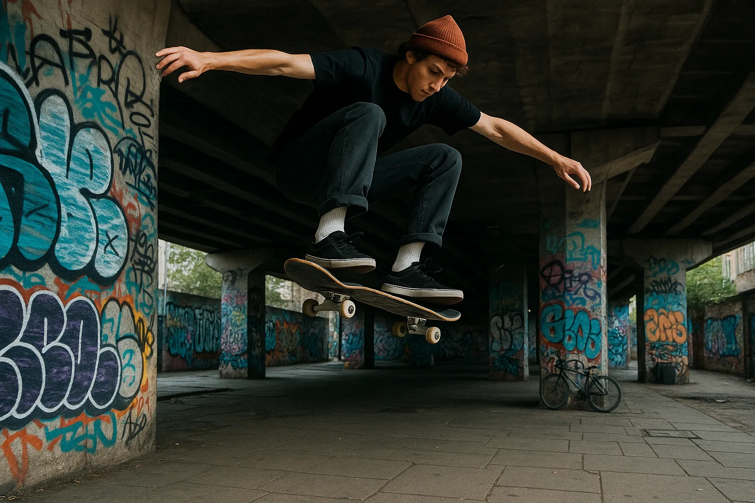 Skateboarder Performs a High Jump Trick under an Overpass