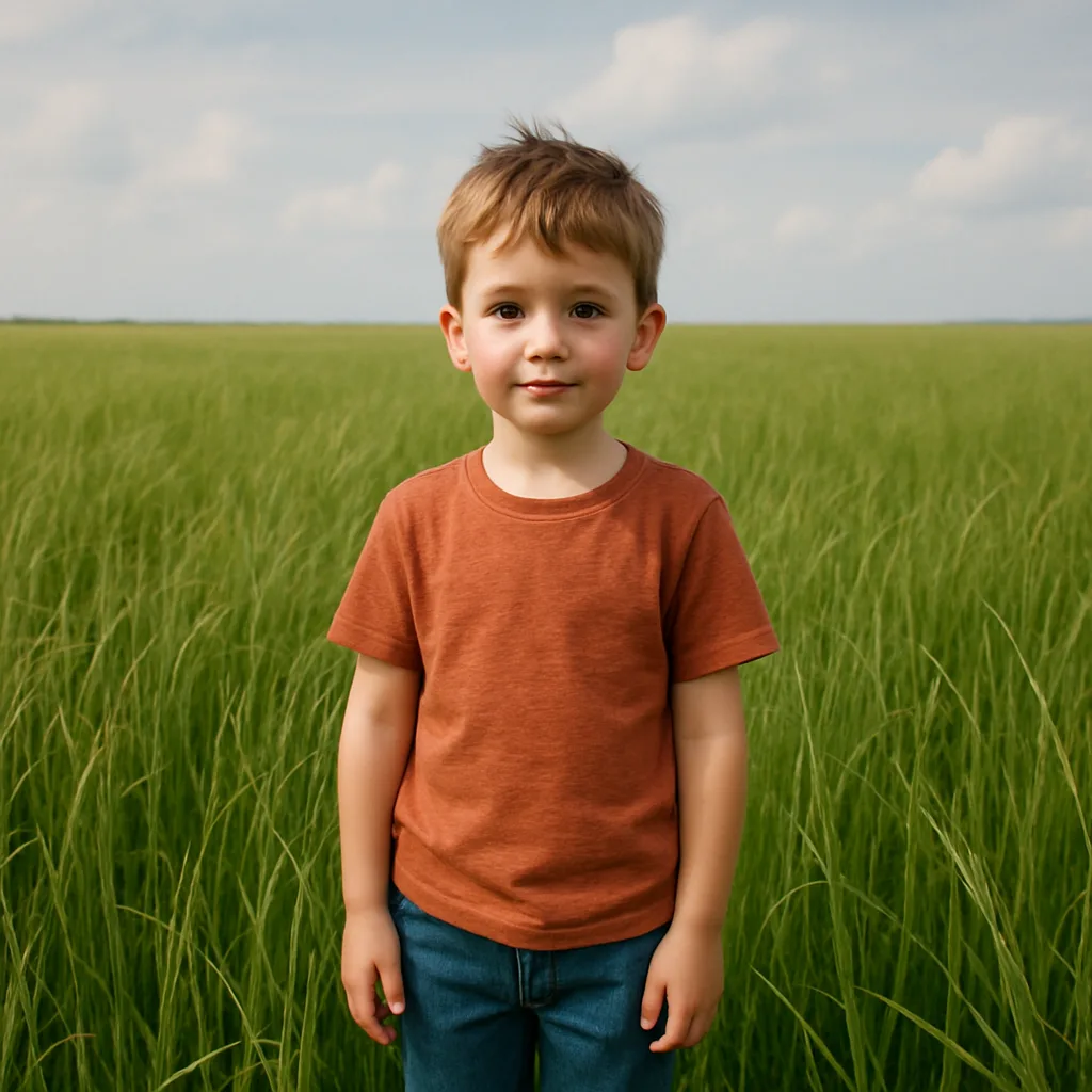Young Boy Stands Amidst Towering Blades of Vibrant Green Grass