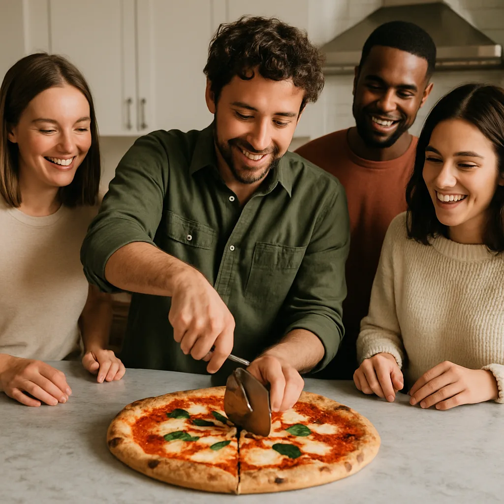 Group of Individuals in a Kitchen Cutting into a Hot