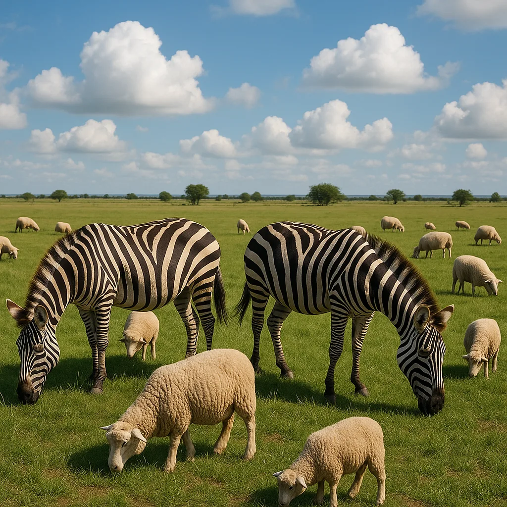 Zebras and Sheep Grazing Together in an Open Grassy Field