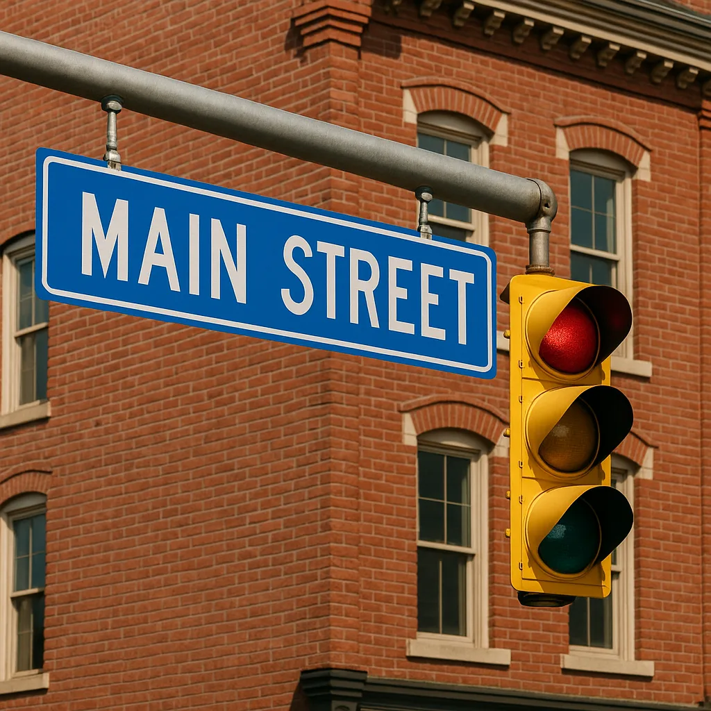 Blue Street Sign Reading "Main Street" Hangs Alongside Traffic Lights