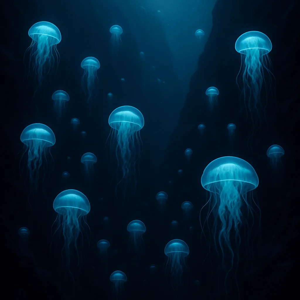 Myriad Glowing Jellyfish Drift