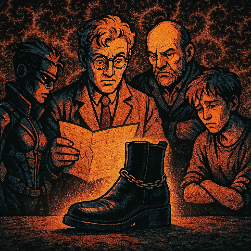 Map-holding Innovator and an Arms-clasped Mentor Scrutinize a Jet-black Boot
