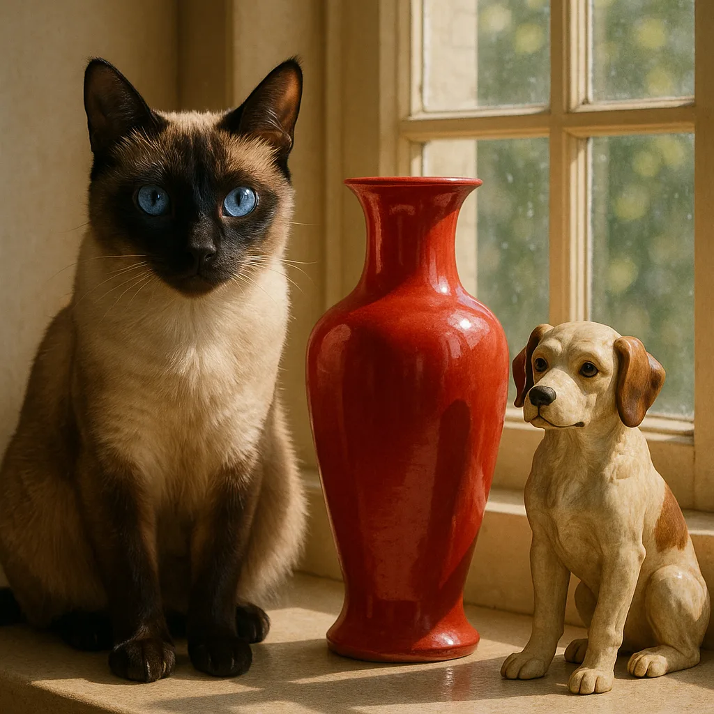 Siamese Cat with Blue Eyes Sits Beside a Red Vase