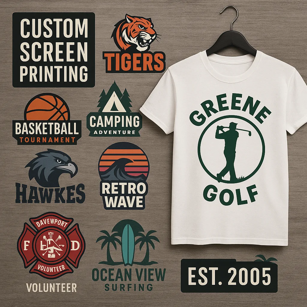 Display of Custom T-shirt Screen Printing Designs Featuring Various Logos