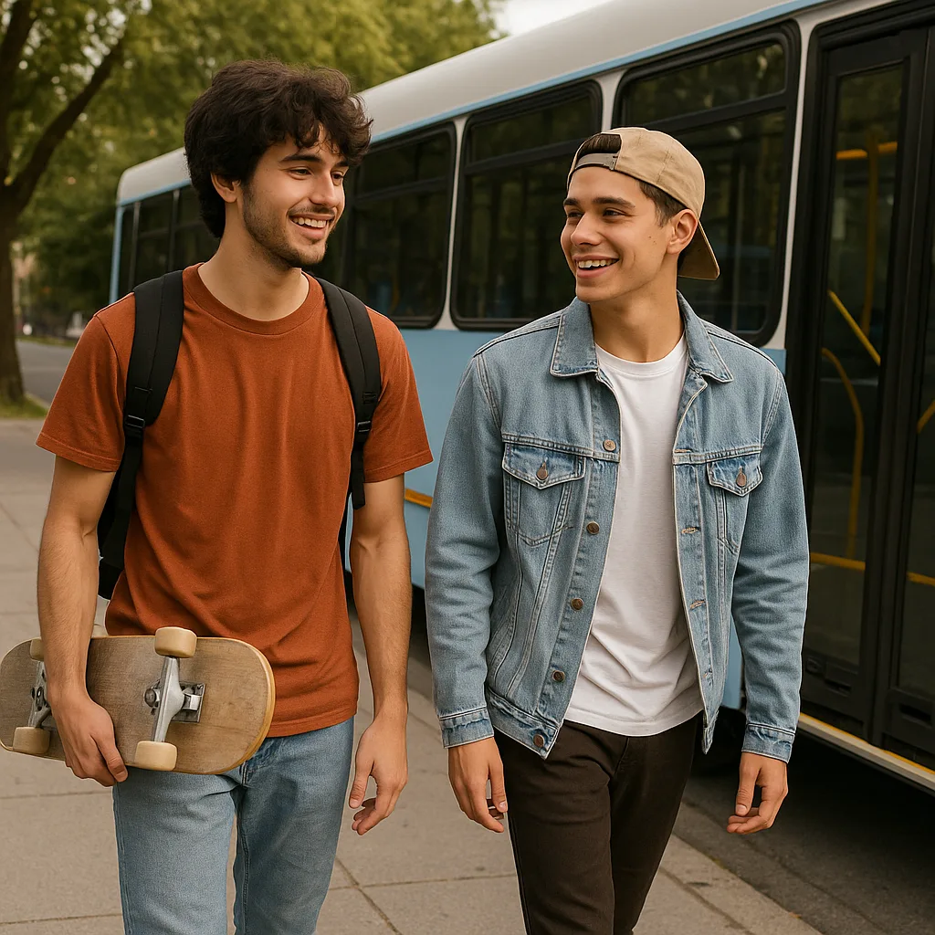 Two Young Men Walking Outdoors with a Skateboard