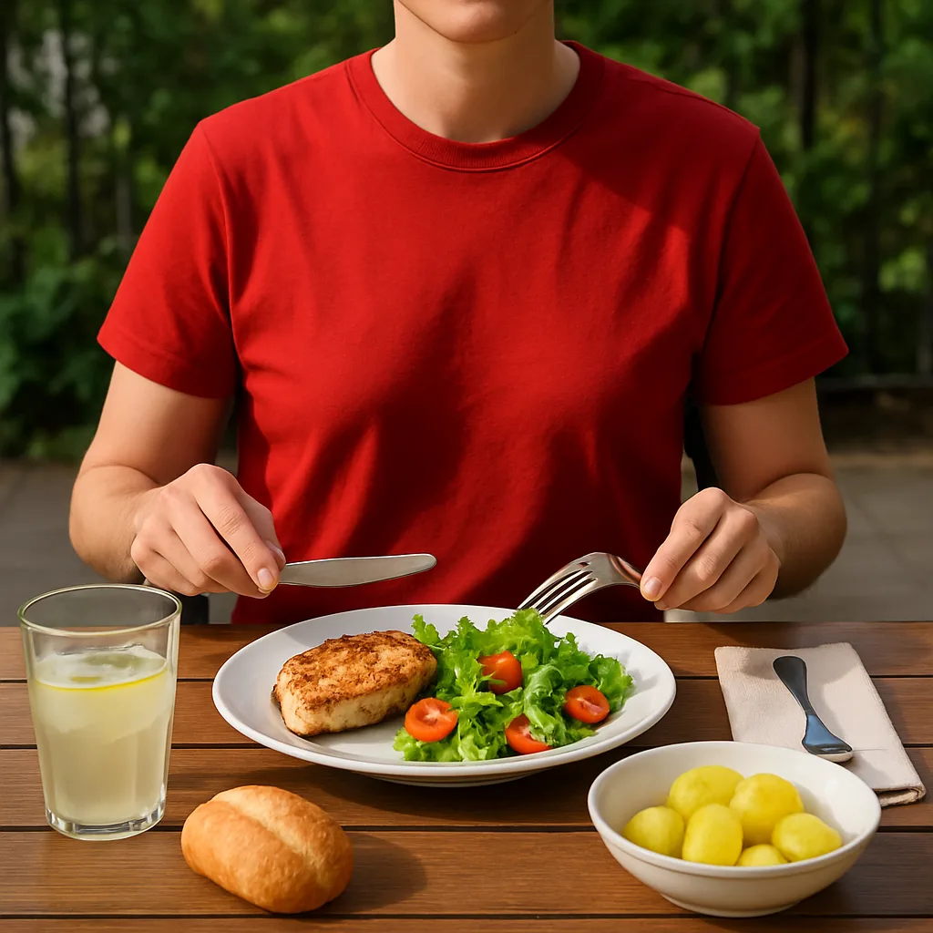 Person Wearing a Red Shirt Is Seated at an Outdoor
