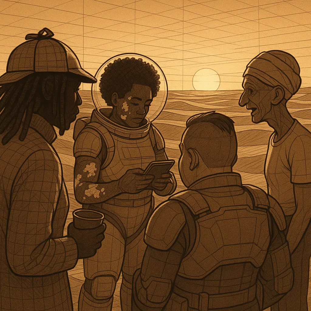Four Figures Interact Amidst Vast