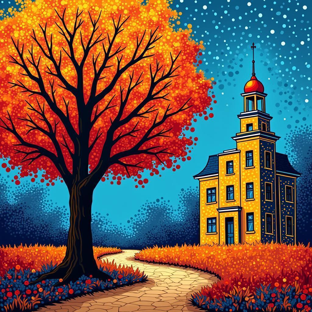 Pop Art Tree and Building in Bold Dots