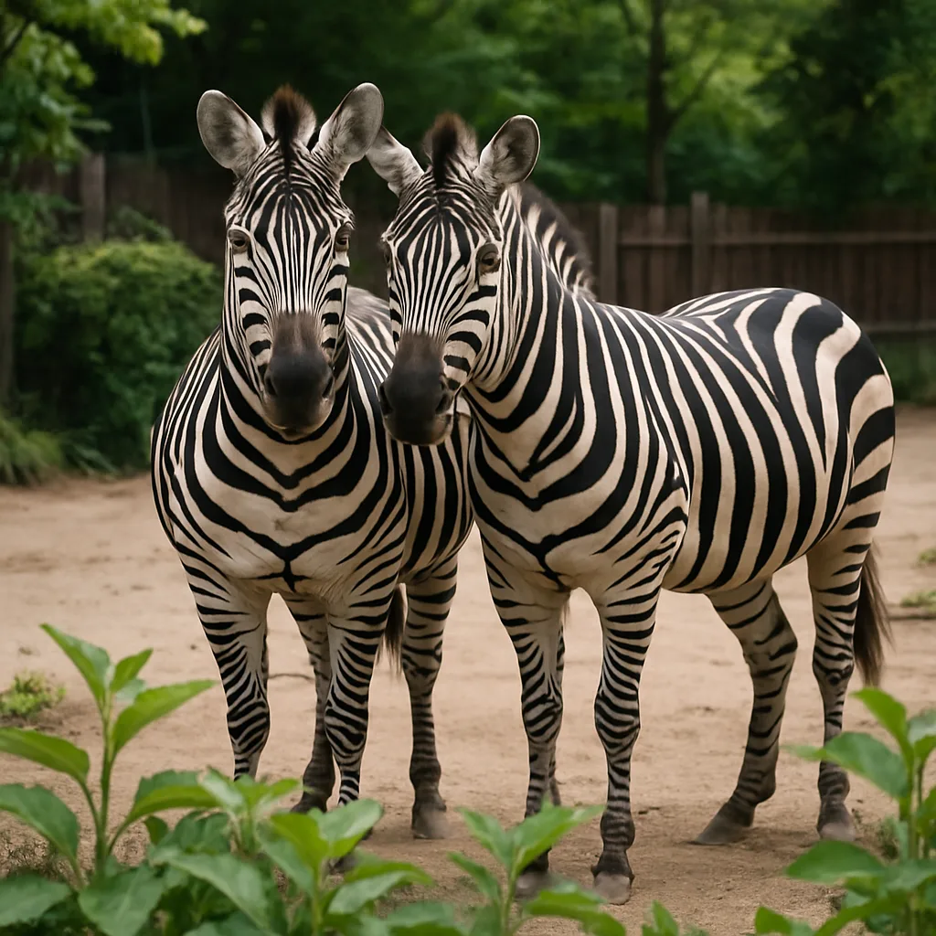 Two Zebras Standing Close Together in an Outdoor Enclosure
