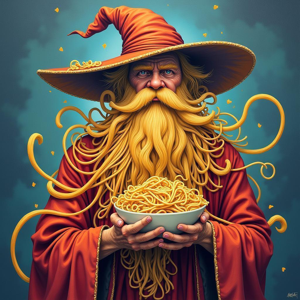 Gouache Portrait of a Mysterious Pasta Wizard
